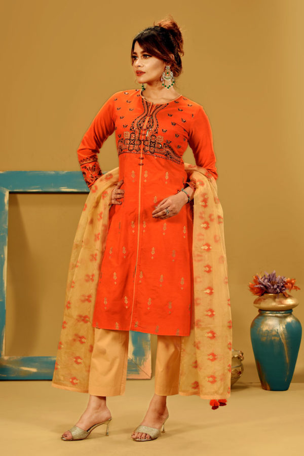 Orange Coloured Joysree Silk Printed & Embroidered Salwar Kameez Set